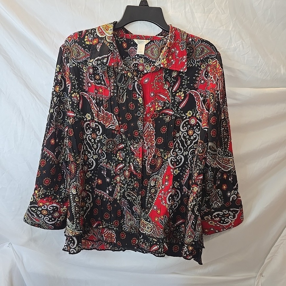 Christopher & Banks‎ Paisley Flowy Boho Peasant Blouse Top Red Black Sz L